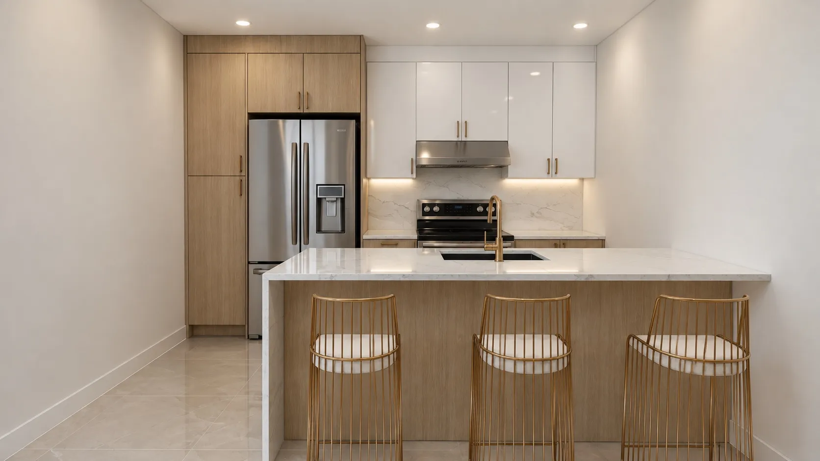Rendu 3D : cuisine avec armoires fini bois et blanc lustré, îlot en quartz et tabourets dorés.