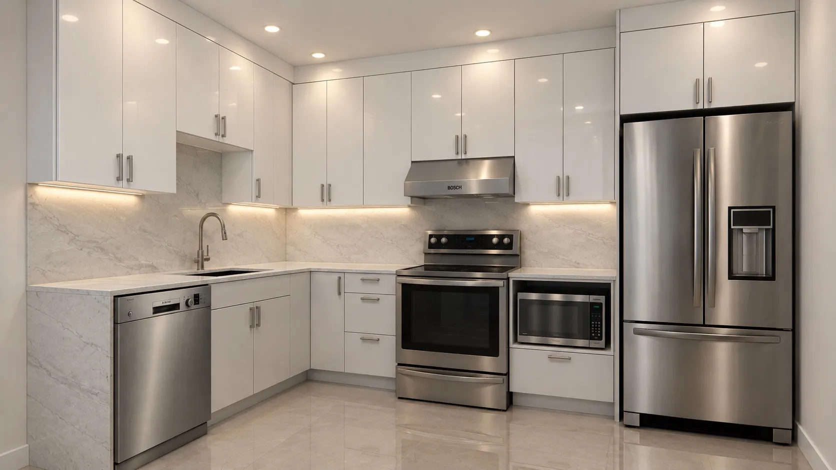 Rendu 3D : cuisine en L, armoires blanches haute brillance jusqu’au plafond.