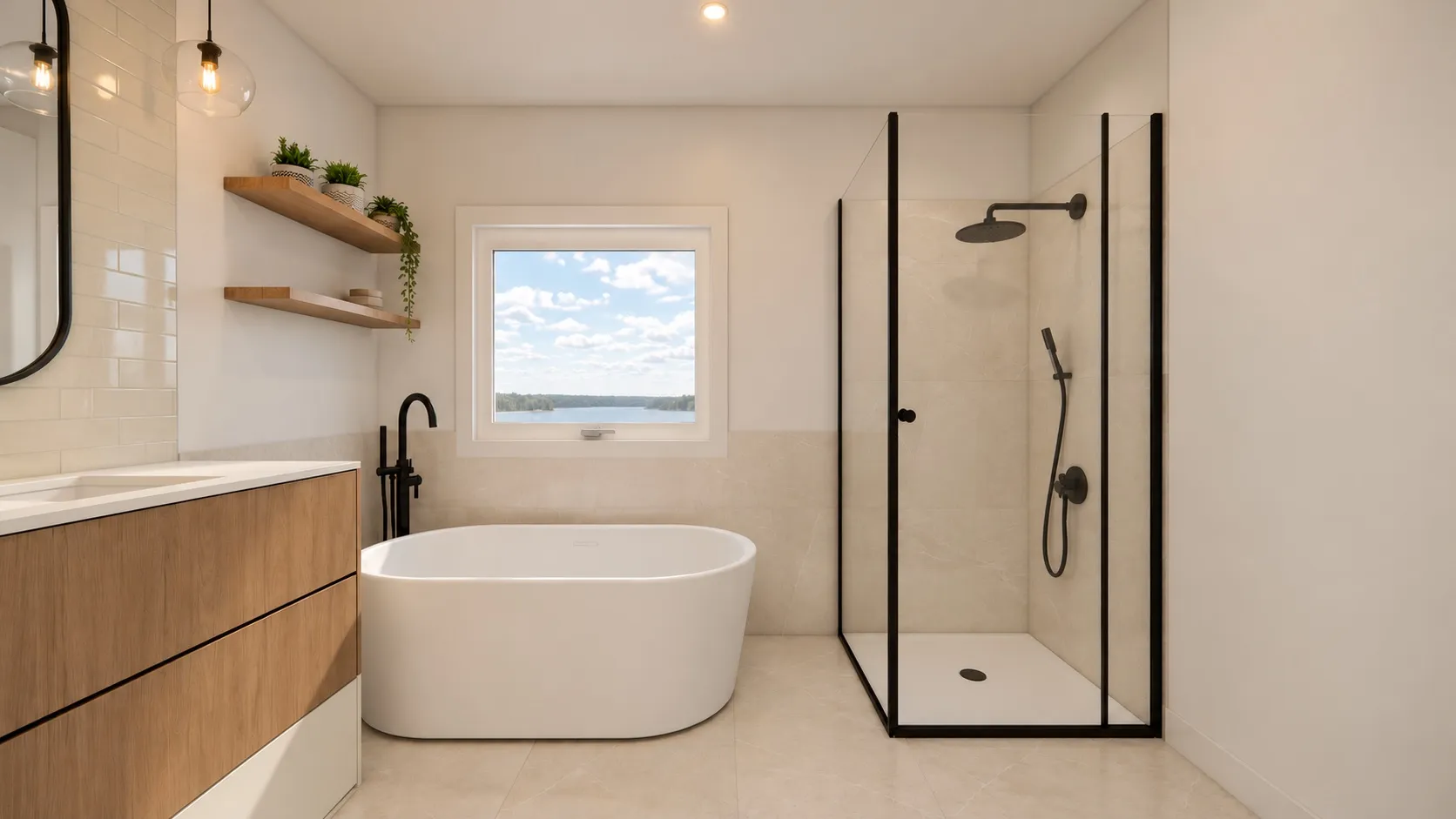 Rendu 3D : salle de bain avec vanité fini bois, bain autoportant et douche vitrée à cadre noir.
