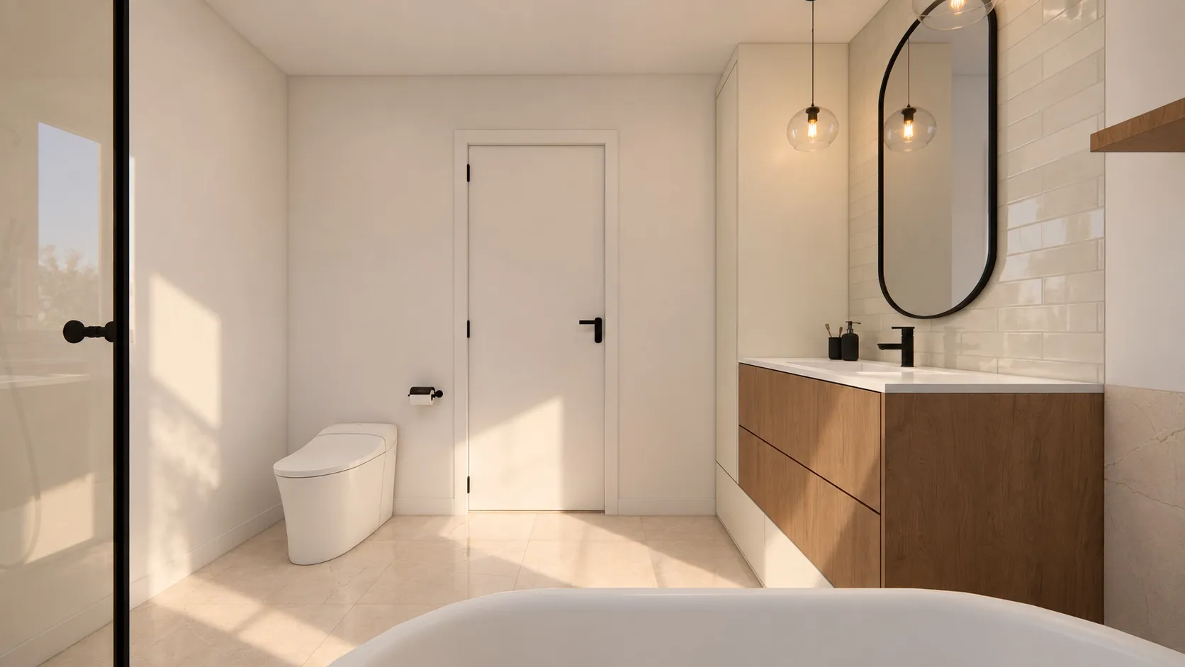 Rendu 3D : vue depuis le bain, vanité suspendue fini bois et colonne pleine hauteur.